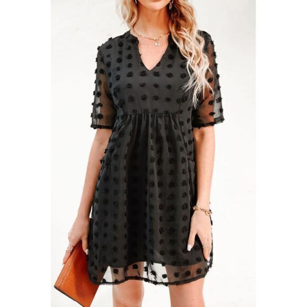 Cupshe Elegant Black Polka Dot V-Neck Mini‎ Dress with Sheer Sleeves Size Large